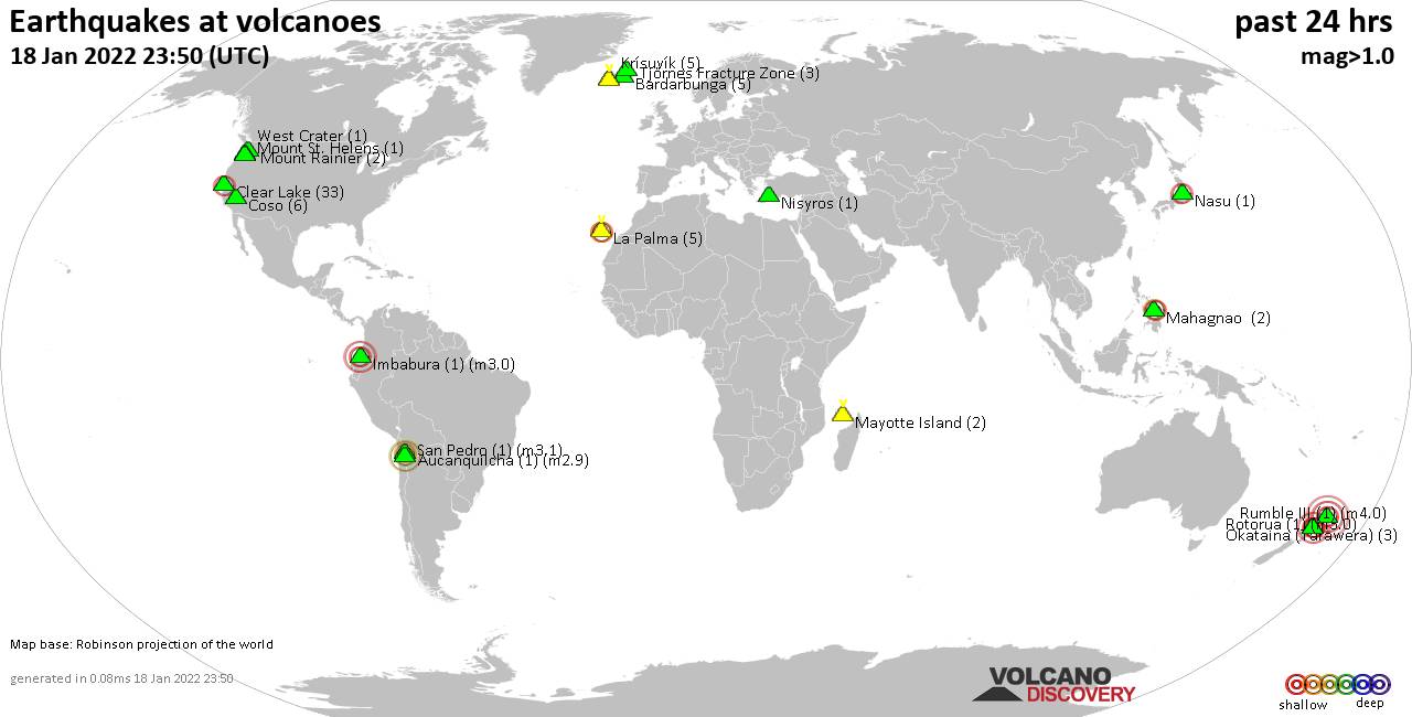 World map showing volcanoes with shallow (less than 50 km) earthquakes within 20 km radius  during the past 24 hours on 18 Jan 2022 Number in brackets indicate nr of quakes.