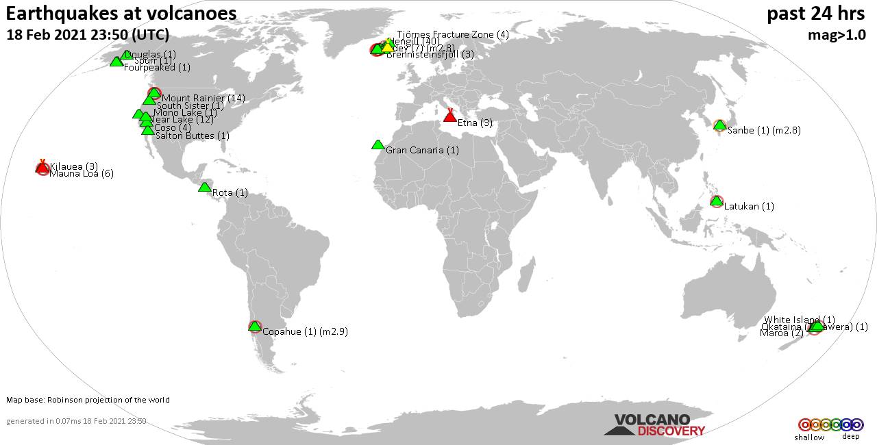 World map showing volcanoes with shallow (less than 20 km) earthquakes within 20 km radius  during the past 24 hours on 18 Feb 2021 Number in brackets indicate nr of quakes.