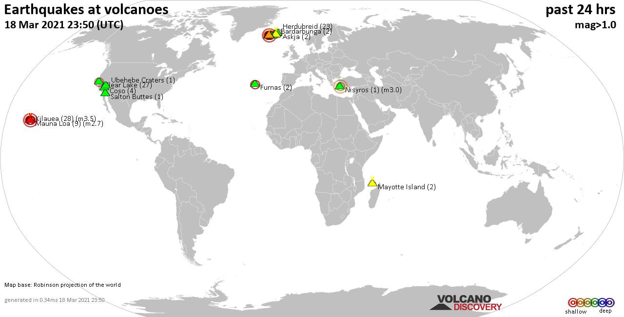 World map showing volcanoes with shallow (less than 20 km) earthquakes within 20 km radius  during the past 24 hours on 18 Mar 2021 Number in brackets indicate nr of quakes.