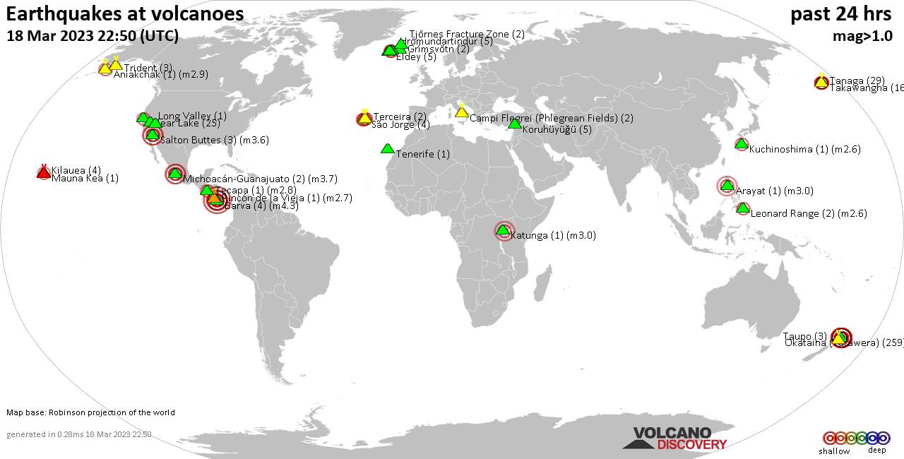 World map showing volcanoes with shallow (less than 50 km) earthquakes within 20 km radius  during the past 24 hours on 18 Mar 2023 Number in brackets indicate nr of quakes.