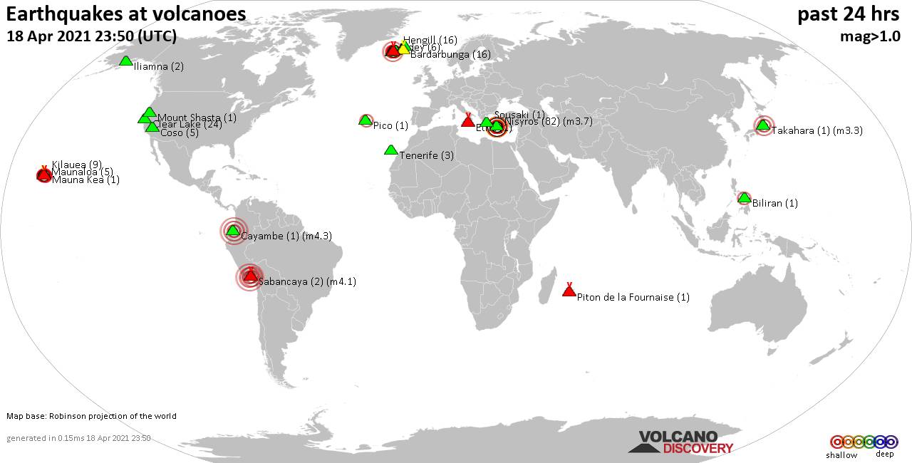World map showing volcanoes with shallow (less than 20 km) earthquakes within 20 km radius  during the past 24 hours on 18 Apr 2021 Number in brackets indicate nr of quakes.