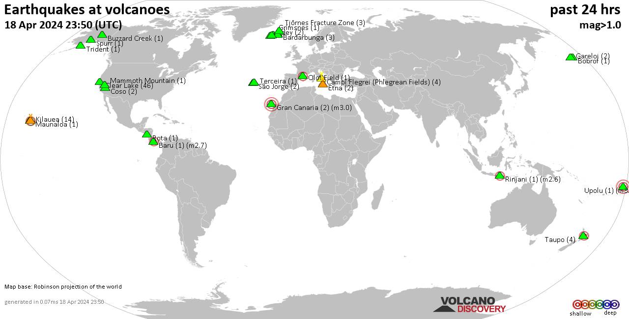 World map showing volcanoes with shallow (less than 50 km) earthquakes within 20 km radius  during the past 24 hours on 18 Apr 2024 Number in brackets indicate nr of quakes.
