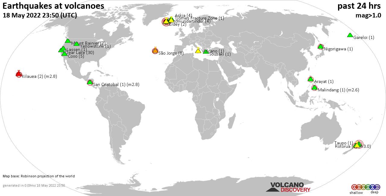World map showing volcanoes with shallow (less than 50 km) earthquakes within 20 km radius  during the past 24 hours on 18 May 2022 Number in brackets indicate nr of quakes.