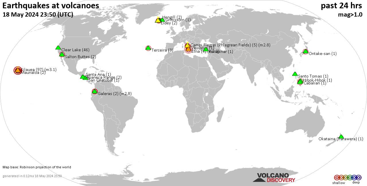 World map showing volcanoes with shallow (less than 50 km) earthquakes within 20 km radius  during the past 24 hours on 18 May 2024 Number in brackets indicate nr of quakes.