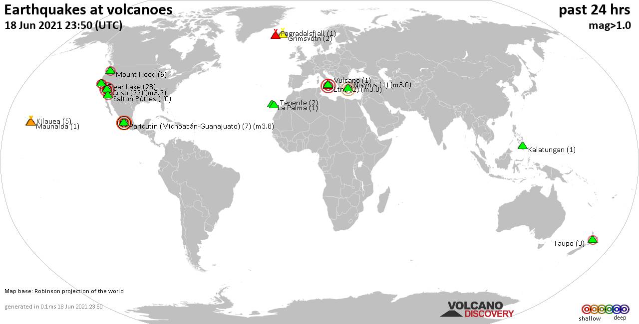 World map showing volcanoes with shallow (less than 20 km) earthquakes within 20 km radius  during the past 24 hours on 18 Jun 2021 Number in brackets indicate nr of quakes.