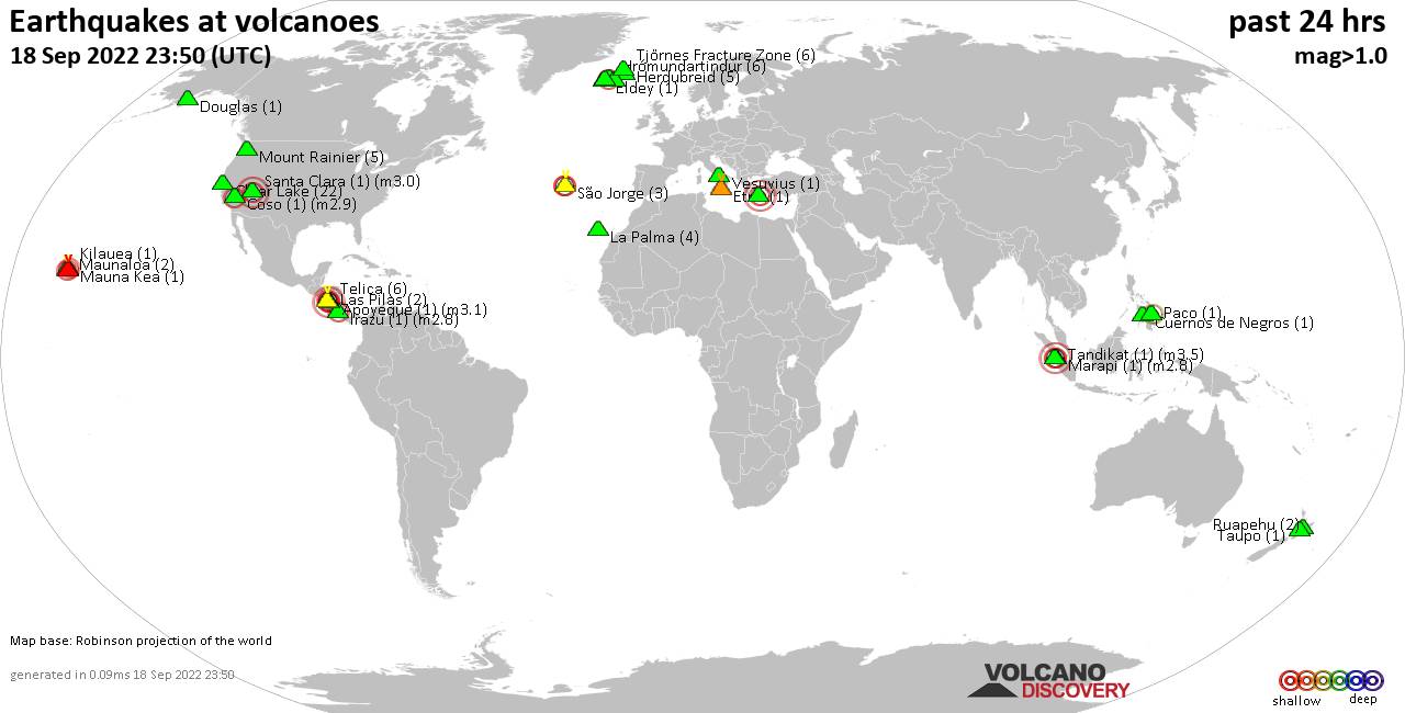 World map showing volcanoes with shallow (less than 50 km) earthquakes within 20 km radius  during the past 24 hours on 18 Sep 2022 Number in brackets indicate nr of quakes.