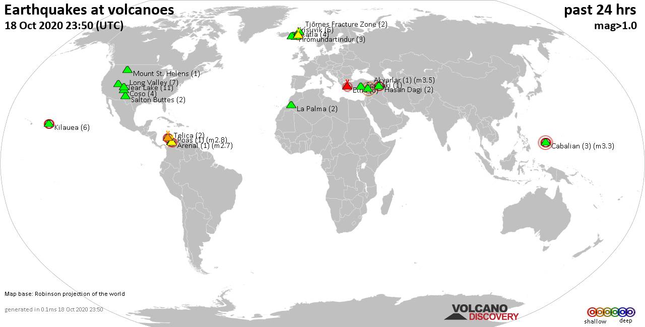 World map showing volcanoes with shallow (less than 20 km) earthquakes within 20 km radius  during the past 24 hours on 18 Oct 2020 Number in brackets indicate nr of quakes.