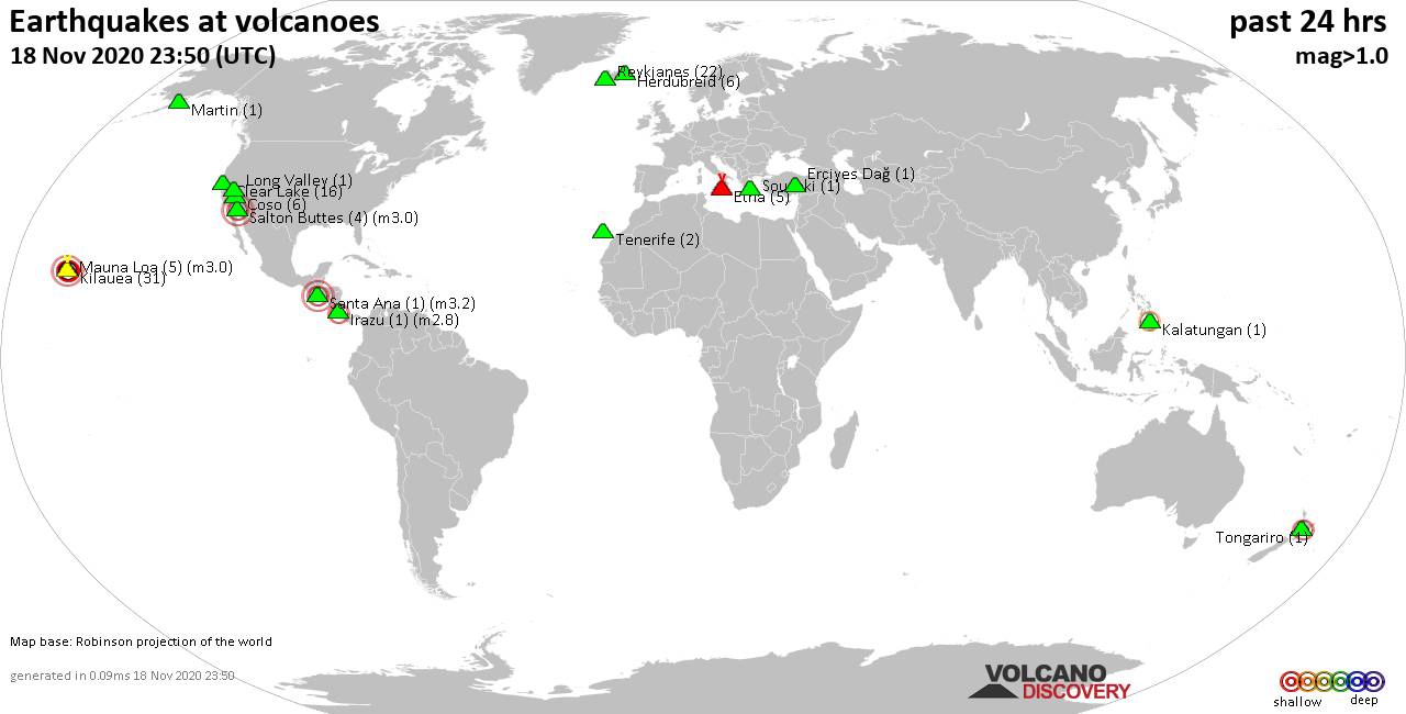 World map showing volcanoes with shallow (less than 20 km) earthquakes within 20 km radius  during the past 24 hours on 18 Nov 2020 Number in brackets indicate nr of quakes.