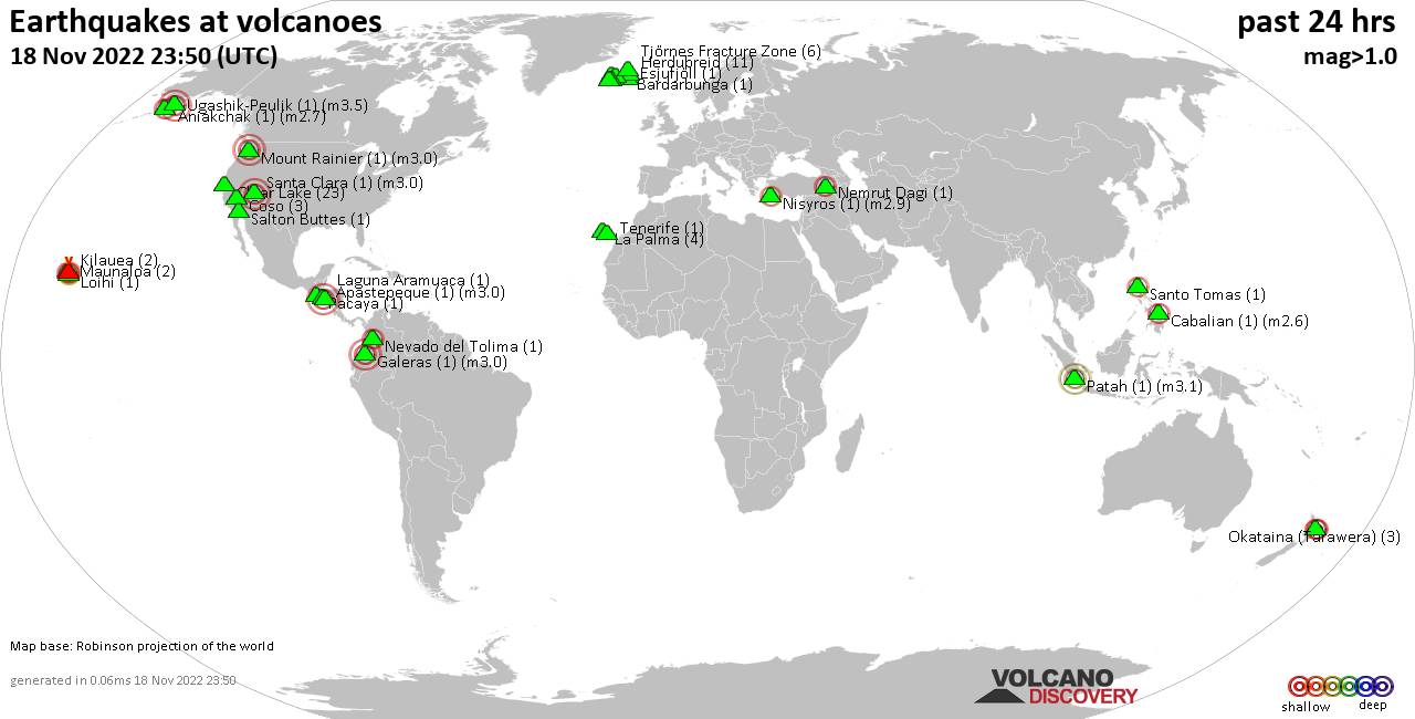 World map showing volcanoes with shallow (less than 50 km) earthquakes within 20 km radius  during the past 24 hours on 18 Nov 2022 Number in brackets indicate nr of quakes.