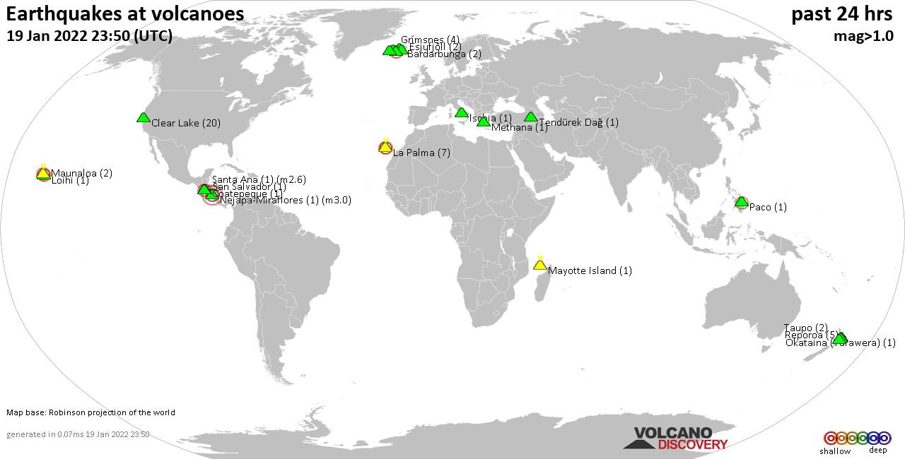 World map showing volcanoes with shallow (less than 50 km) earthquakes within 20 km radius  during the past 24 hours on 19 Jan 2022 Number in brackets indicate nr of quakes.