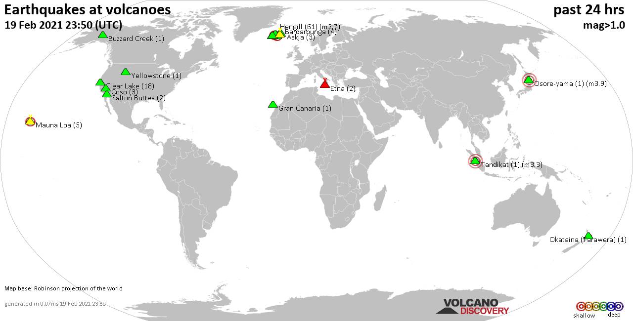 World map showing volcanoes with shallow (less than 20 km) earthquakes within 20 km radius  during the past 24 hours on 19 Feb 2021 Number in brackets indicate nr of quakes.
