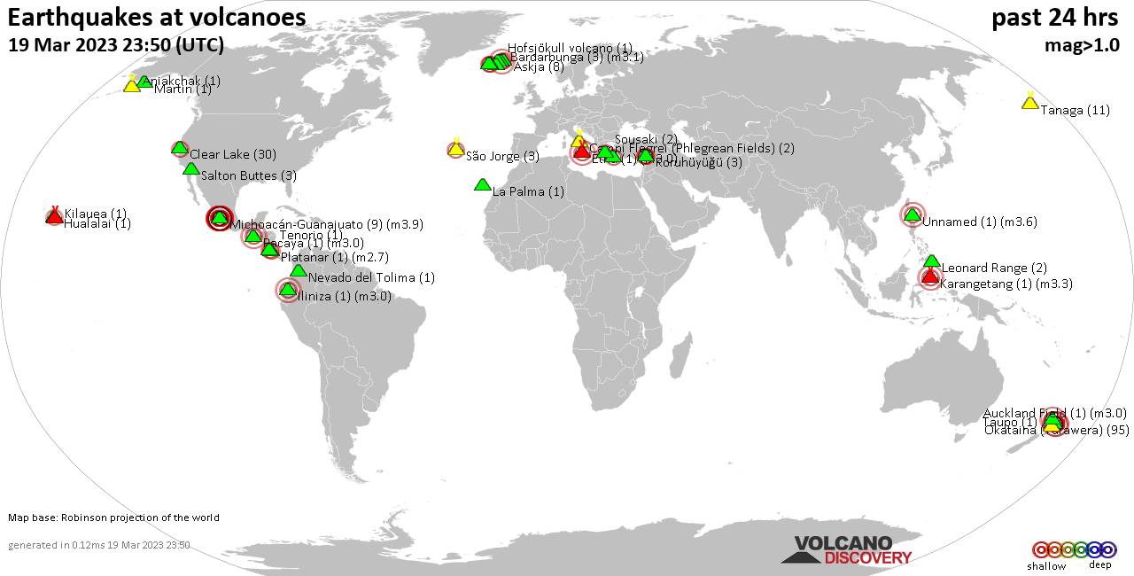 World map showing volcanoes with shallow (less than 50 km) earthquakes within 20 km radius  during the past 24 hours on 19 Mar 2023 Number in brackets indicate nr of quakes.
