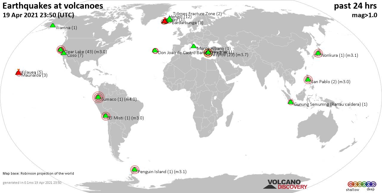World map showing volcanoes with shallow (less than 20 km) earthquakes within 20 km radius  during the past 24 hours on 19 Apr 2021 Number in brackets indicate nr of quakes.
