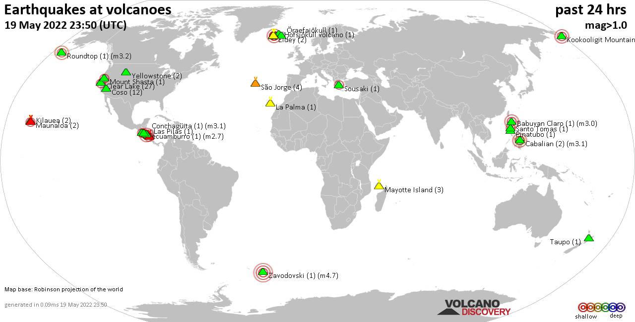 World map showing volcanoes with shallow (less than 50 km) earthquakes within 20 km radius  during the past 24 hours on 19 May 2022 Number in brackets indicate nr of quakes.