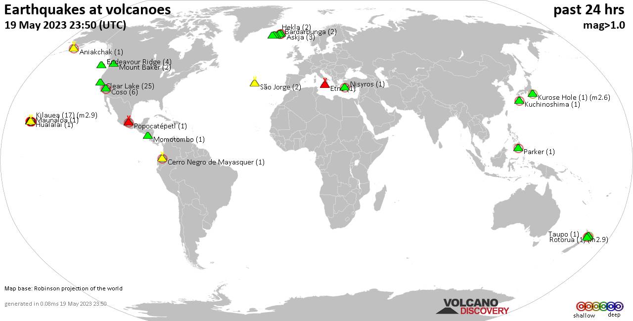 World map showing volcanoes with shallow (less than 50 km) earthquakes within 20 km radius  during the past 24 hours on 19 May 2023 Number in brackets indicate nr of quakes.