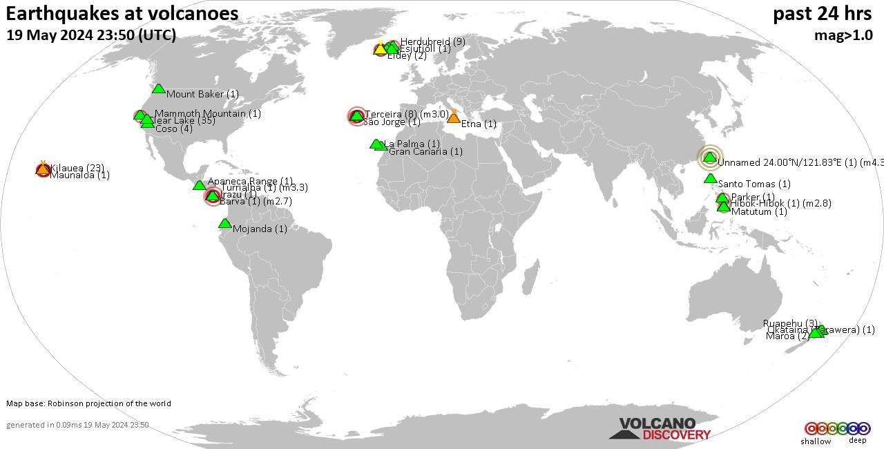 World map showing volcanoes with shallow (less than 50 km) earthquakes within 20 km radius  during the past 24 hours on 19 May 2024 Number in brackets indicate nr of quakes.