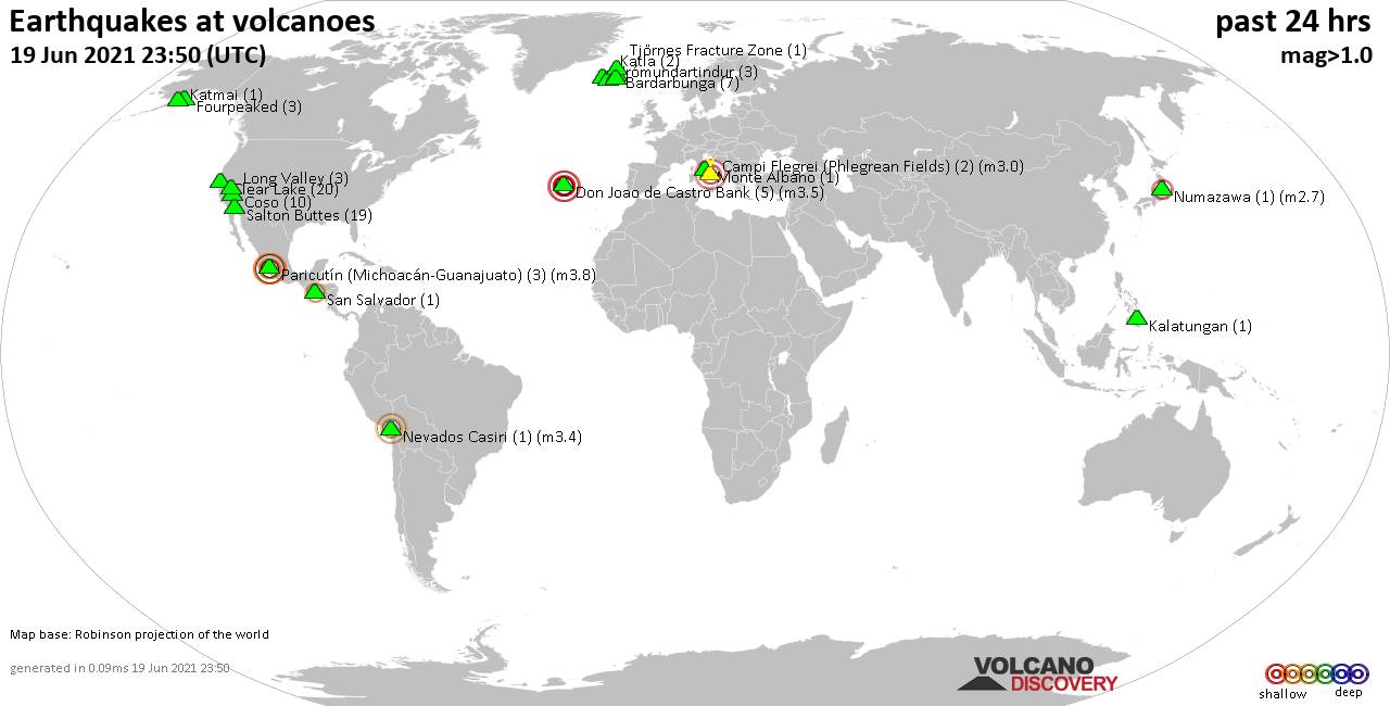 World map showing volcanoes with shallow (less than 20 km) earthquakes within 20 km radius  during the past 24 hours on 19 Jun 2021 Number in brackets indicate nr of quakes.