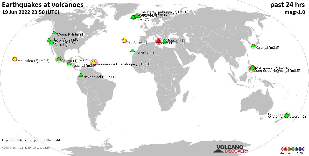 World map showing volcanoes with shallow (less than 50 km) earthquakes within 20 km radius  during the past 24 hours on 19 Jun 2022 Number in brackets indicate nr of quakes.