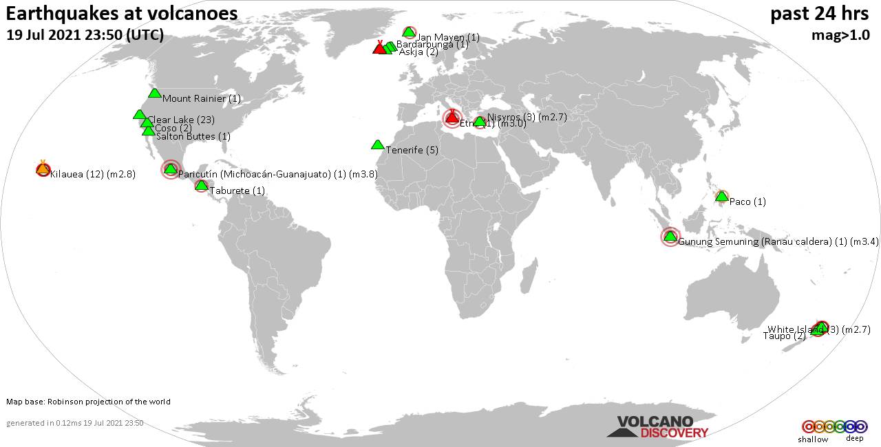 World map showing volcanoes with shallow (less than 20 km) earthquakes within 20 km radius  during the past 24 hours on 19 Jul 2021 Number in brackets indicate nr of quakes.