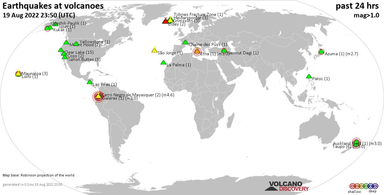 World map showing volcanoes with shallow (less than 50 km) earthquakes within 20 km radius  during the past 24 hours on 19 Aug 2022 Number in brackets indicate nr of quakes.