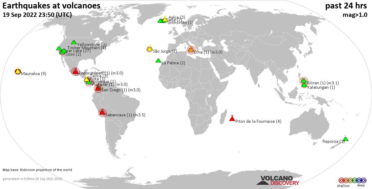 World map showing volcanoes with shallow (less than 50 km) earthquakes within 20 km radius  during the past 24 hours on 19 Sep 2022 Number in brackets indicate nr of quakes.
