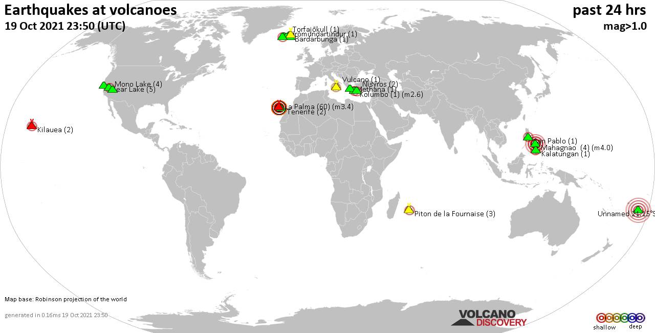 World map showing volcanoes with shallow (less than 20 km) earthquakes within 20 km radius  during the past 24 hours on 19 Oct 2021 Number in brackets indicate nr of quakes.