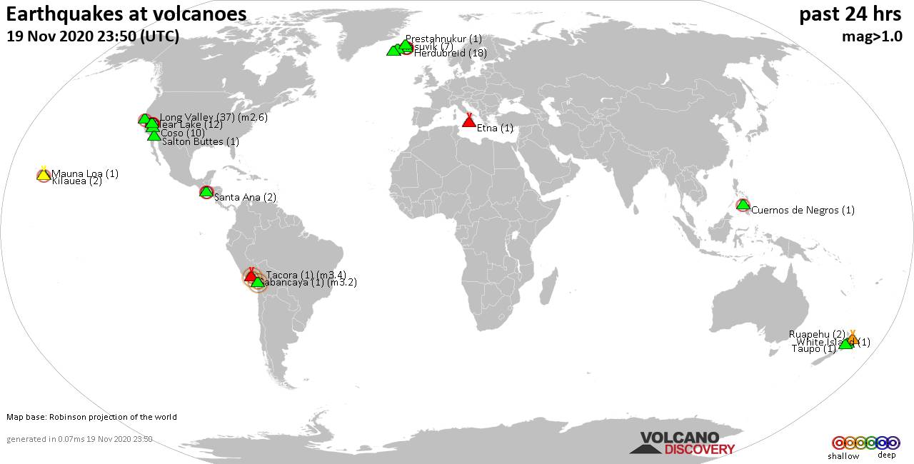 World map showing volcanoes with shallow (less than 20 km) earthquakes within 20 km radius  during the past 24 hours on 19 Nov 2020 Number in brackets indicate nr of quakes.