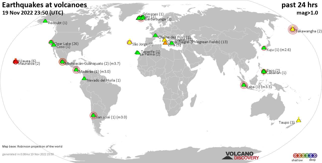 World map showing volcanoes with shallow (less than 50 km) earthquakes within 20 km radius  during the past 24 hours on 19 Nov 2022 Number in brackets indicate nr of quakes.