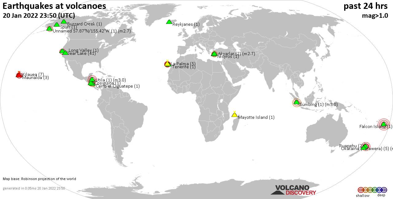 World map showing volcanoes with shallow (less than 50 km) earthquakes within 20 km radius  during the past 24 hours on 20 Jan 2022 Number in brackets indicate nr of quakes.