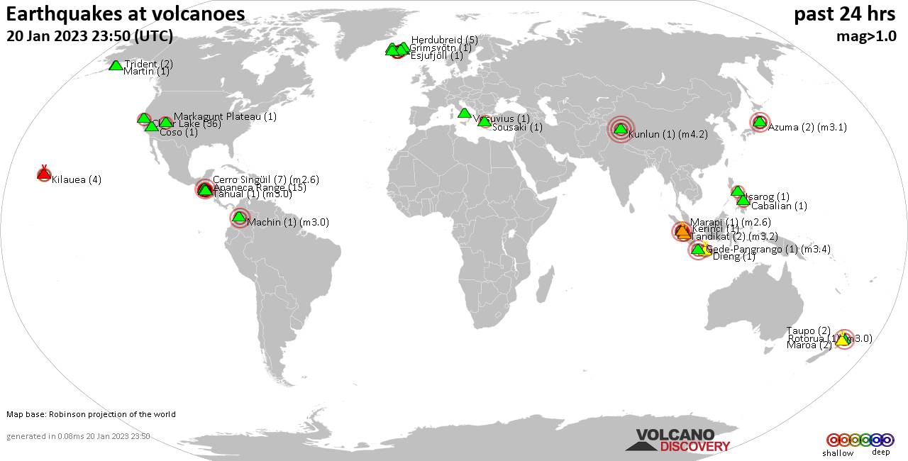 World map showing volcanoes with shallow (less than 50 km) earthquakes within 20 km radius  during the past 24 hours on 20 Jan 2023 Number in brackets indicate nr of quakes.