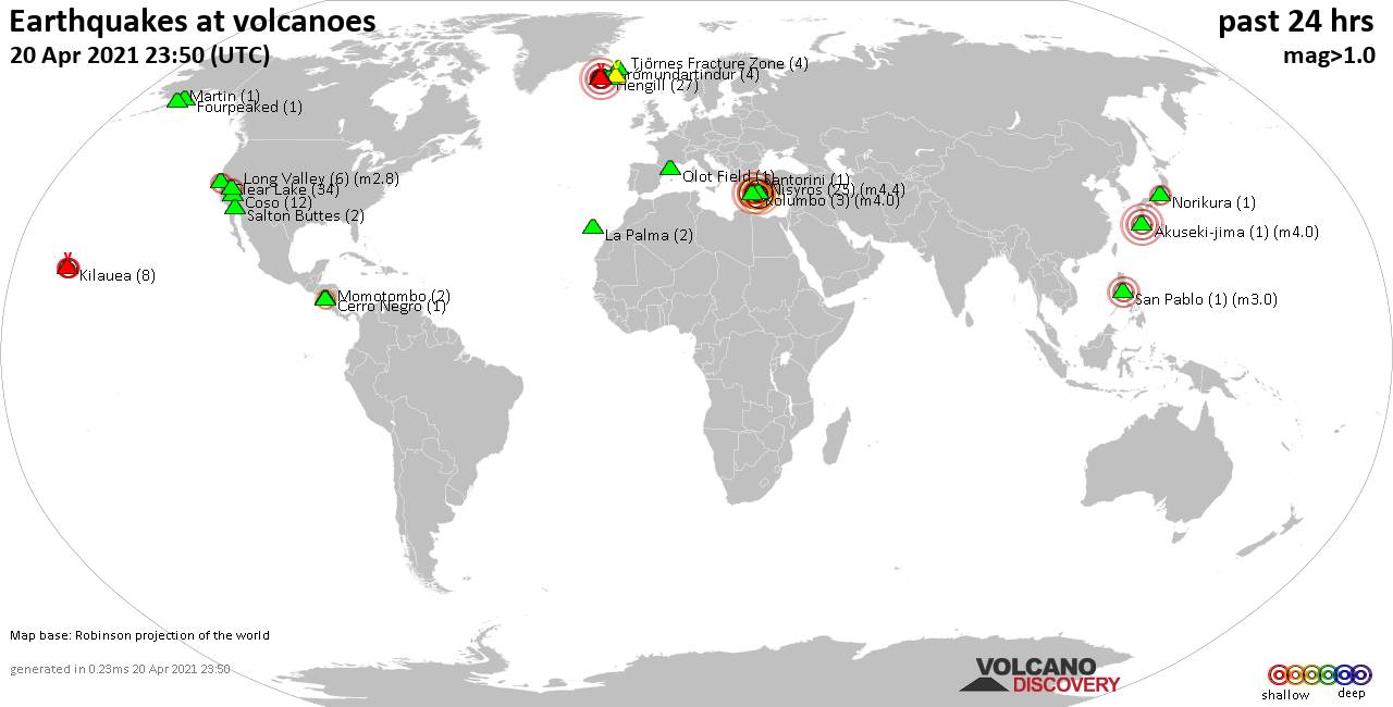 World map showing volcanoes with shallow (less than 20 km) earthquakes within 20 km radius  during the past 24 hours on 20 Apr 2021 Number in brackets indicate nr of quakes.