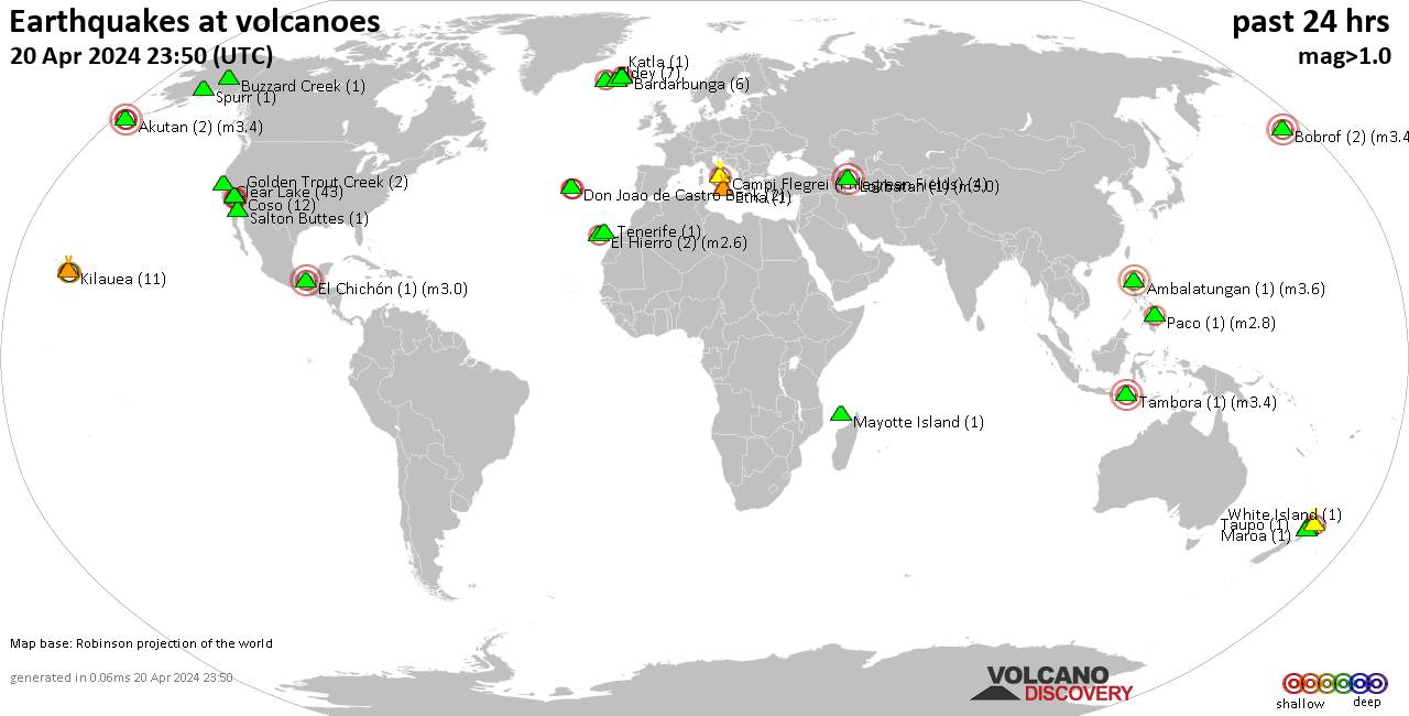 World map showing volcanoes with shallow (less than 50 km) earthquakes within 20 km radius  during the past 24 hours on 20 Apr 2024 Number in brackets indicate nr of quakes.