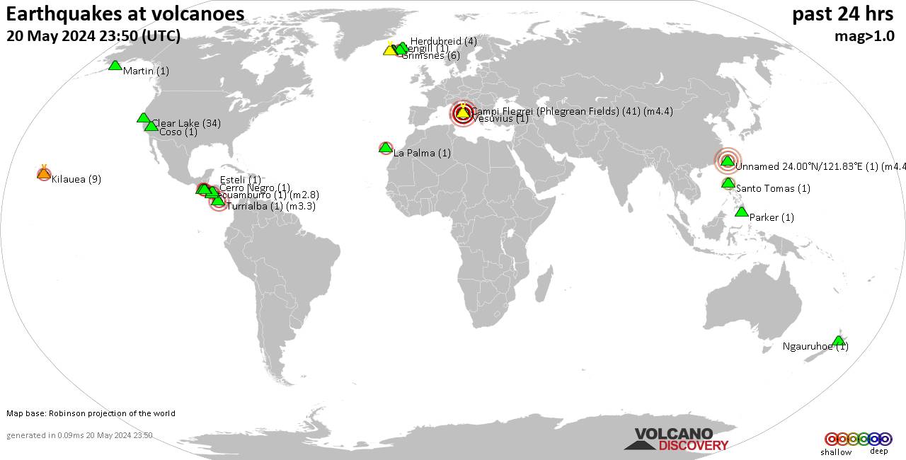 World map showing volcanoes with shallow (less than 50 km) earthquakes within 20 km radius  during the past 24 hours on 20 May 2024 Number in brackets indicate nr of quakes.