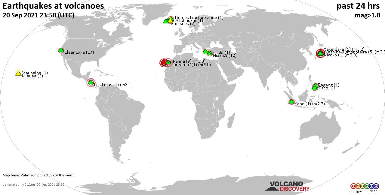 World map showing volcanoes with shallow (less than 20 km) earthquakes within 20 km radius  during the past 24 hours on 20 Sep 2021 Number in brackets indicate nr of quakes.
