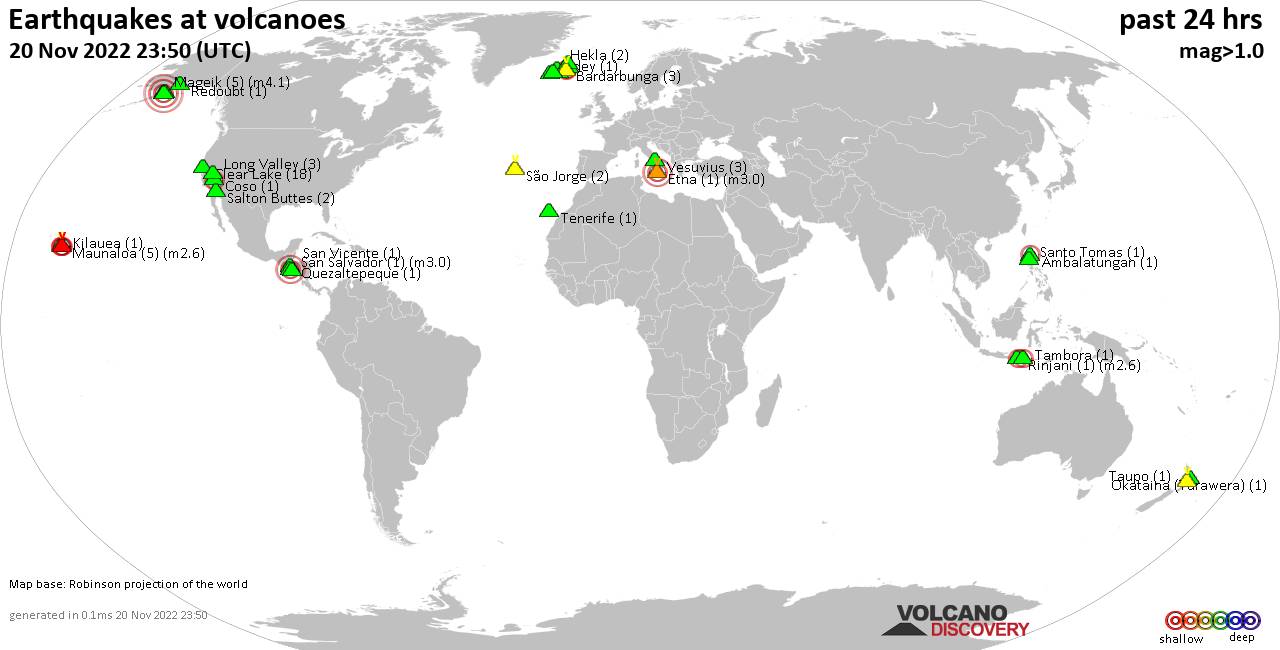 World map showing volcanoes with shallow (less than 50 km) earthquakes within 20 km radius  during the past 24 hours on 20 Nov 2022 Number in brackets indicate nr of quakes.
