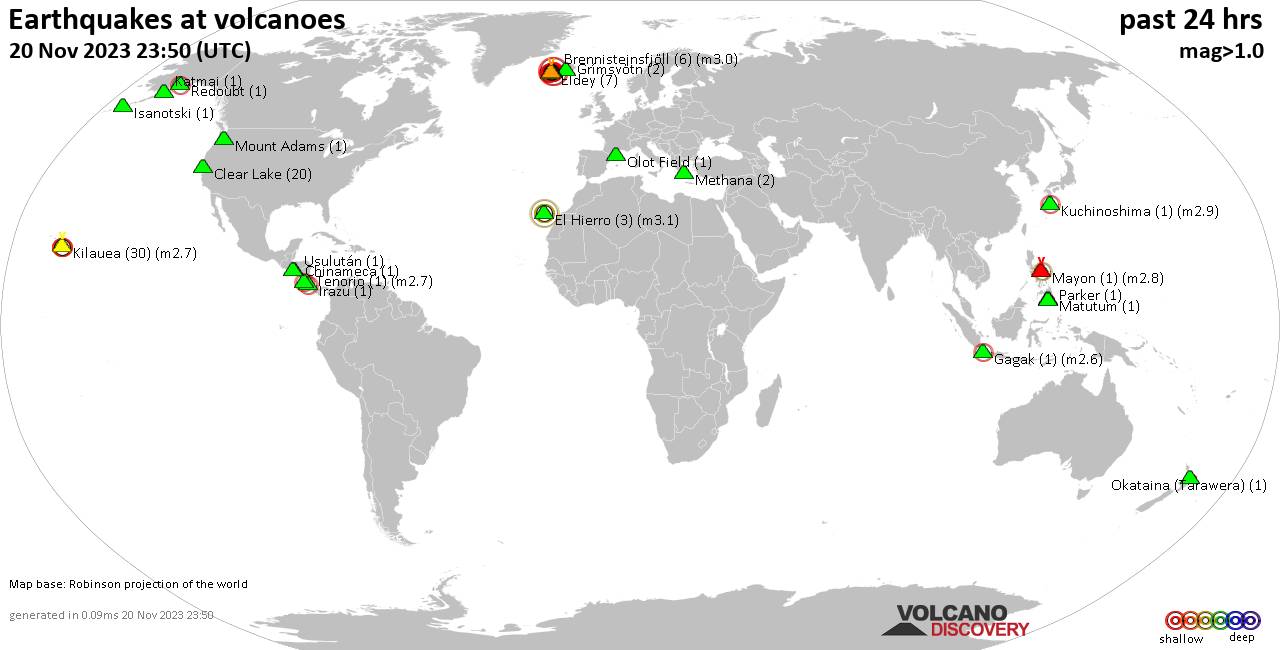 World map showing volcanoes with shallow (less than 50 km) earthquakes within 20 km radius  during the past 24 hours on 20 Nov 2023 Number in brackets indicate nr of quakes.
