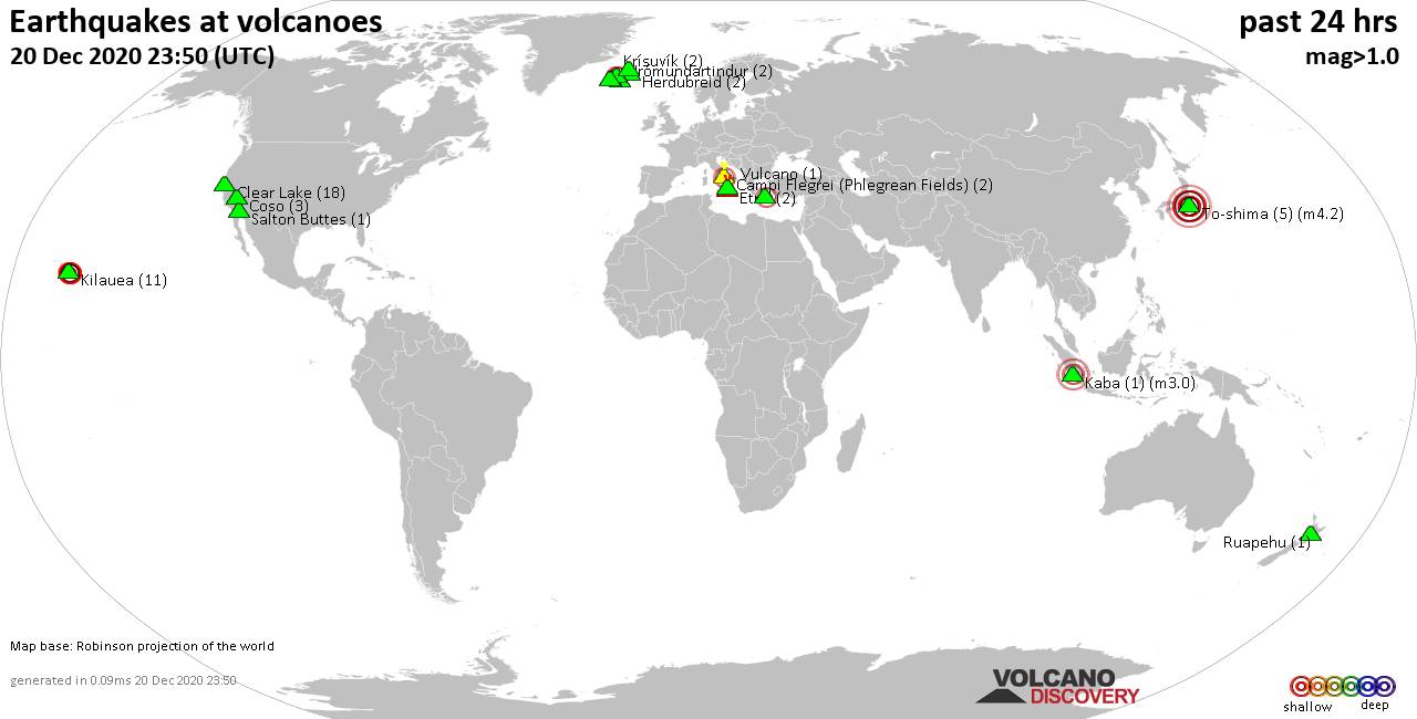 World map showing volcanoes with shallow (less than 20 km) earthquakes within 20 km radius  during the past 24 hours on 20 Dec 2020 Number in brackets indicate nr of quakes.