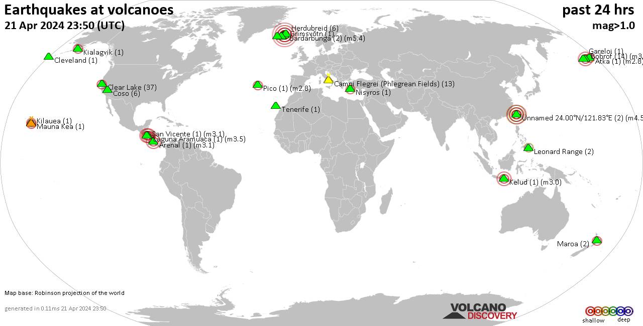 World map showing volcanoes with shallow (less than 50 km) earthquakes within 20 km radius  during the past 24 hours on 21 Apr 2024 Number in brackets indicate nr of quakes.