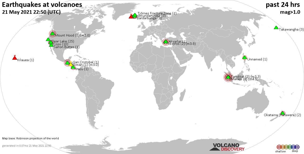 World map showing volcanoes with shallow (less than 20 km) earthquakes within 20 km radius  during the past 24 hours on 21 May 2021 Number in brackets indicate nr of quakes.
