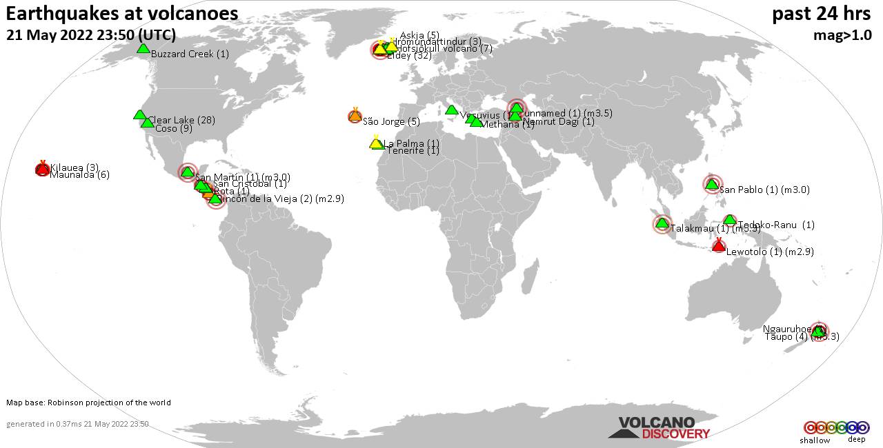 World map showing volcanoes with shallow (less than 50 km) earthquakes within 20 km radius  during the past 24 hours on 21 May 2022 Number in brackets indicate nr of quakes.