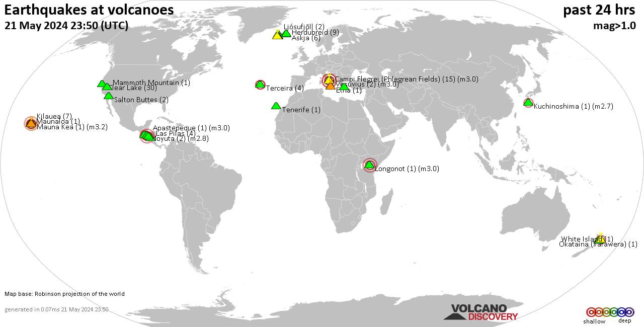 World map showing volcanoes with shallow (less than 50 km) earthquakes within 20 km radius  during the past 24 hours on 21 May 2024 Number in brackets indicate nr of quakes.