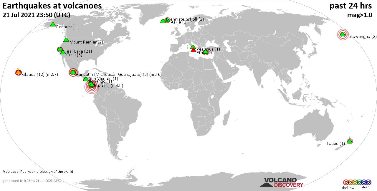 World map showing volcanoes with shallow (less than 20 km) earthquakes within 20 km radius  during the past 24 hours on 21 Jul 2021 Number in brackets indicate nr of quakes.