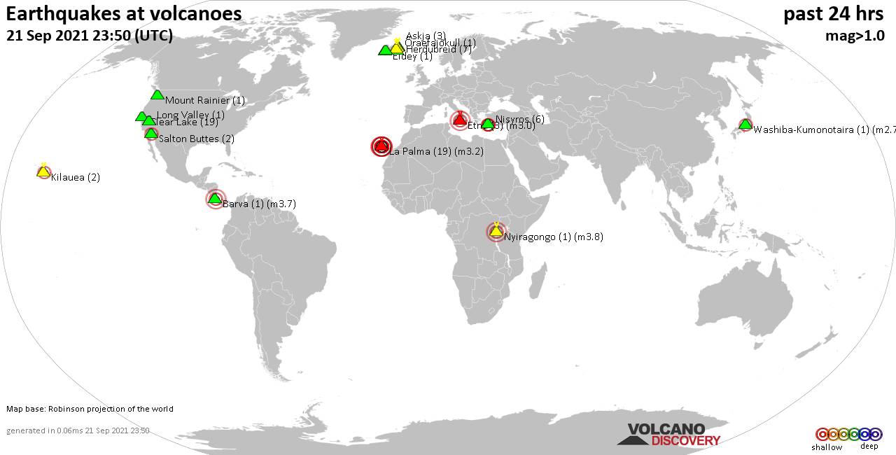 World map showing volcanoes with shallow (less than 20 km) earthquakes within 20 km radius  during the past 24 hours on 21 Sep 2021 Number in brackets indicate nr of quakes.