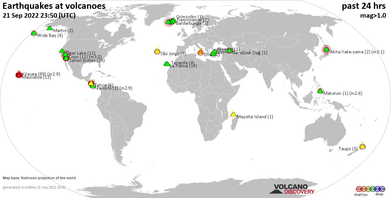 World map showing volcanoes with shallow (less than 50 km) earthquakes within 20 km radius  during the past 24 hours on 21 Sep 2022 Number in brackets indicate nr of quakes.