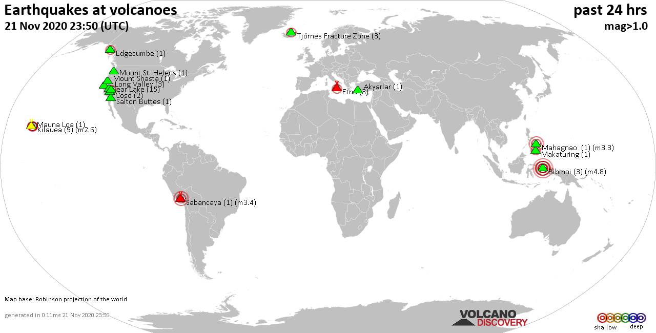 World map showing volcanoes with shallow (less than 20 km) earthquakes within 20 km radius  during the past 24 hours on 21 Nov 2020 Number in brackets indicate nr of quakes.