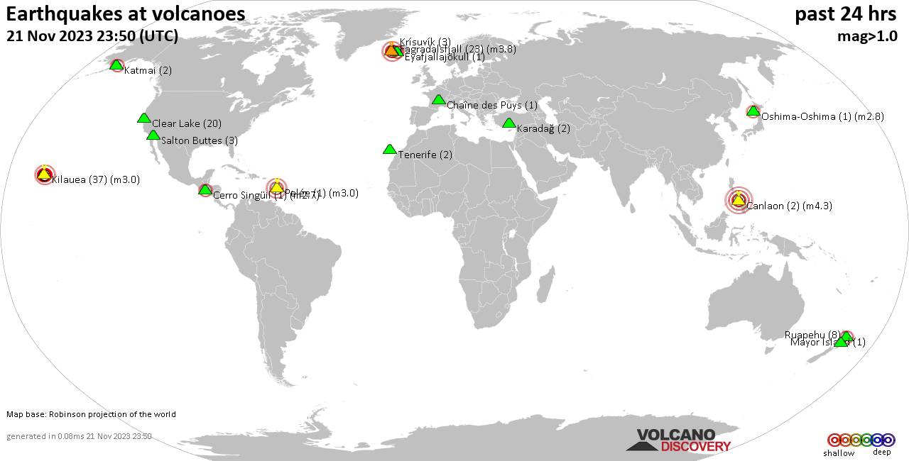 World map showing volcanoes with shallow (less than 50 km) earthquakes within 20 km radius  during the past 24 hours on 21 Nov 2023 Number in brackets indicate nr of quakes.