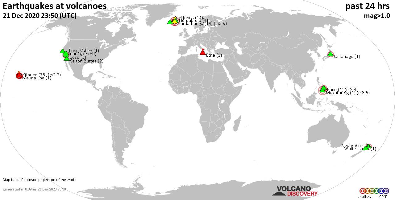 World map showing volcanoes with shallow (less than 20 km) earthquakes within 20 km radius  during the past 24 hours on 21 Dec 2020 Number in brackets indicate nr of quakes.