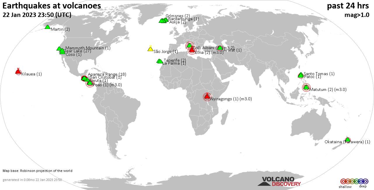 World map showing volcanoes with shallow (less than 50 km) earthquakes within 20 km radius  during the past 24 hours on 22 Jan 2023 Number in brackets indicate nr of quakes.