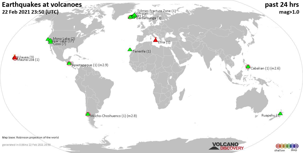 World map showing volcanoes with shallow (less than 20 km) earthquakes within 20 km radius  during the past 24 hours on 22 Feb 2021 Number in brackets indicate nr of quakes.