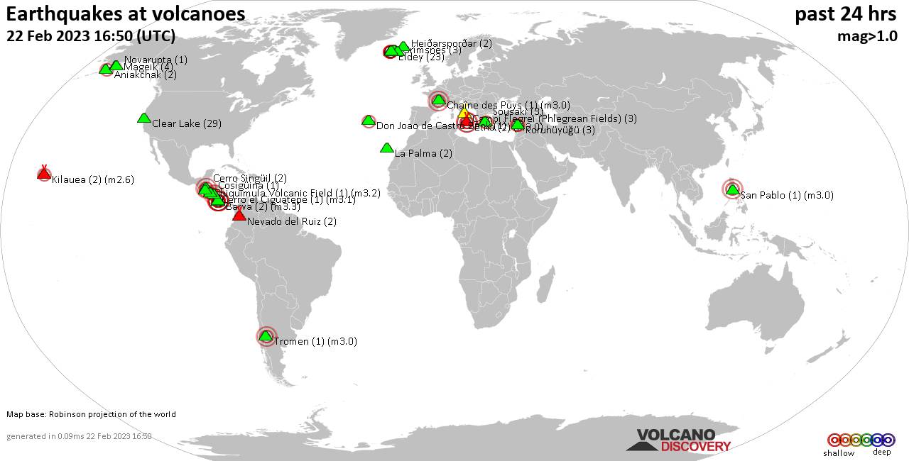 World map showing volcanoes with shallow (less than 50 km) earthquakes within 20 km radius  during the past 24 hours on 22 Feb 2023 Number in brackets indicate nr of quakes.